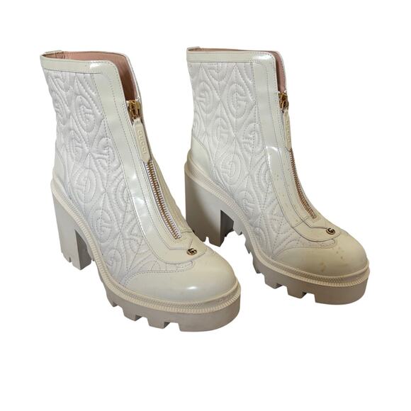 Gucci Trip Zip Front Combat Boots White Rhombus GG Quilted Block Heel Size 37.5 - Picture 1 of 14